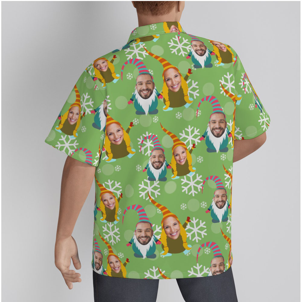Custom Couple Face Gnomes Christmas Green Hawaiian Shirt