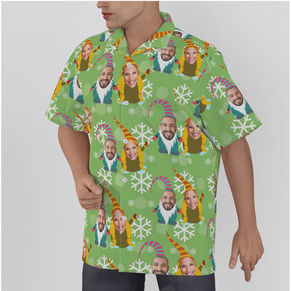 Custom Couple Face Gnomes Christmas Green Hawaiian Shirt