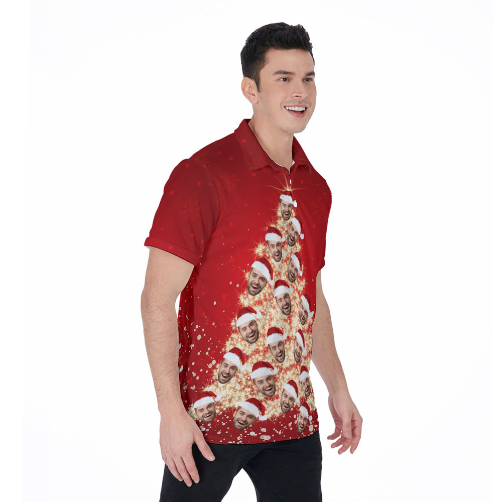 Funny Christmas Tree With Custom Face Hawaiian Polo Shirt