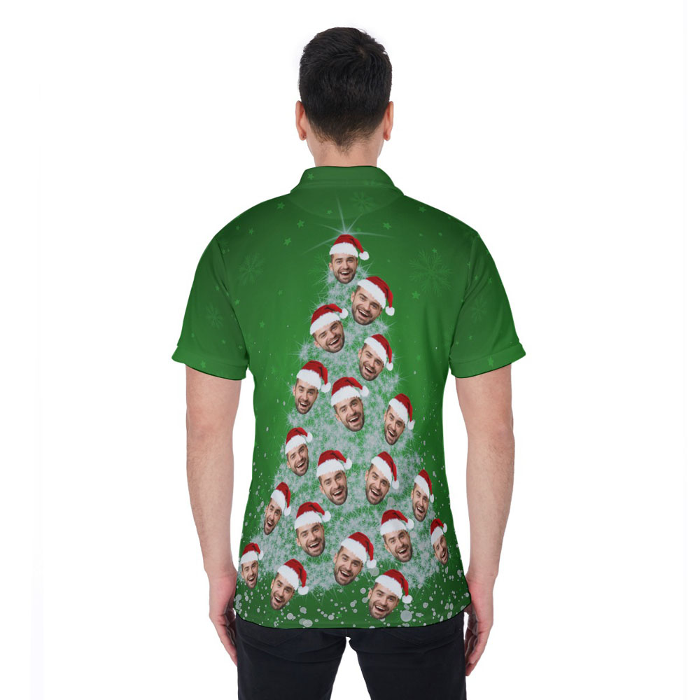 Custom Face On Christmas Tree Green Hawaiian Polo Shirt