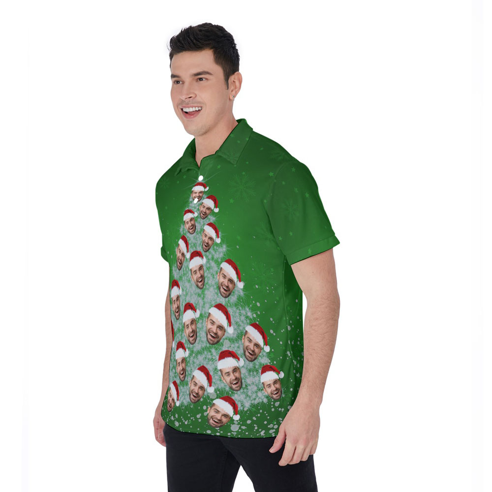 Custom Face On Christmas Tree Green Hawaiian Polo Shirt