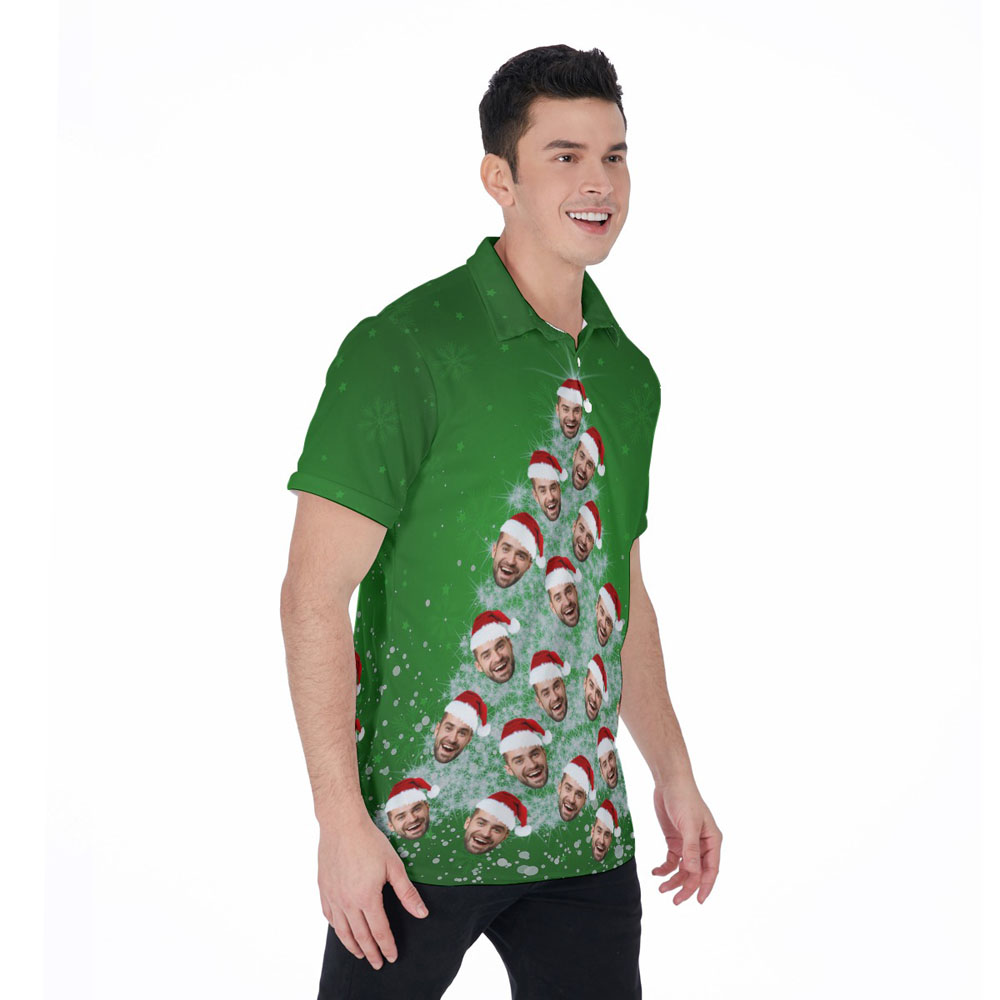 Custom Face On Christmas Tree Green Hawaiian Polo Shirt