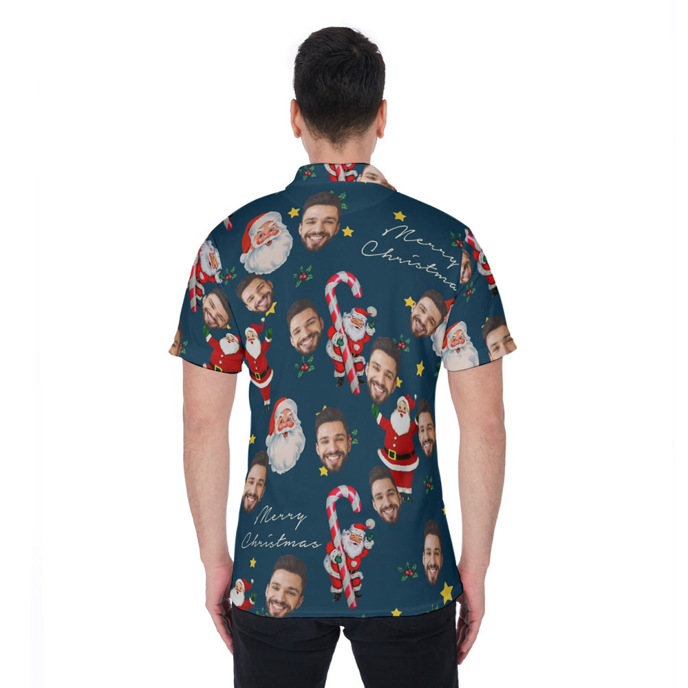 Vintage Santa Claus With Candy Cane Custom Face Christmas Hawaiian Polo Shirt