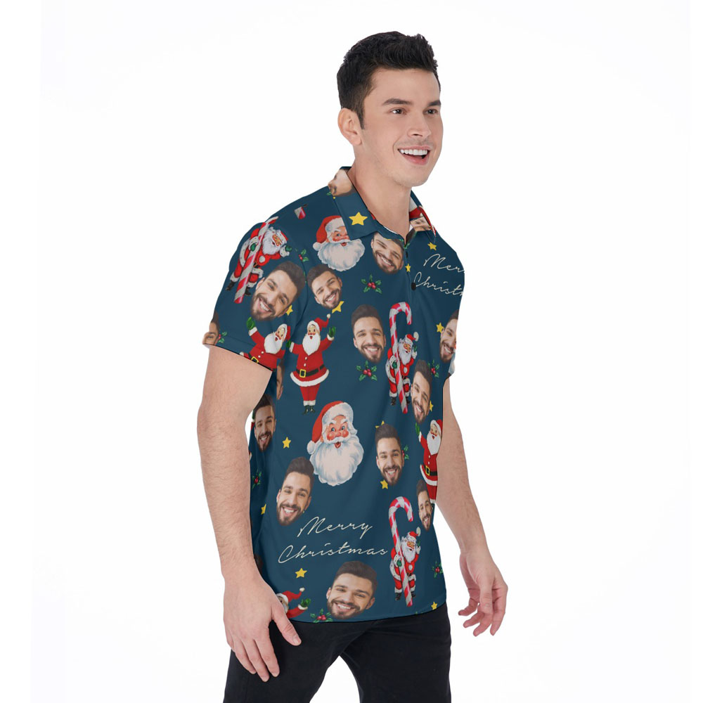Vintage Santa Claus With Candy Cane Custom Face Christmas Hawaiian Polo Shirt