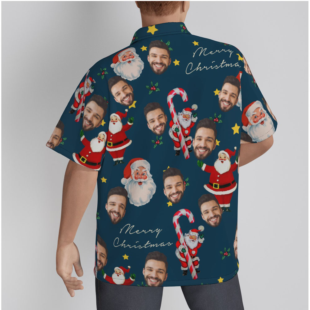 Custom Face Vintage Santa Claus With Candy Cane Christmas Navy Hawaiian Shirt