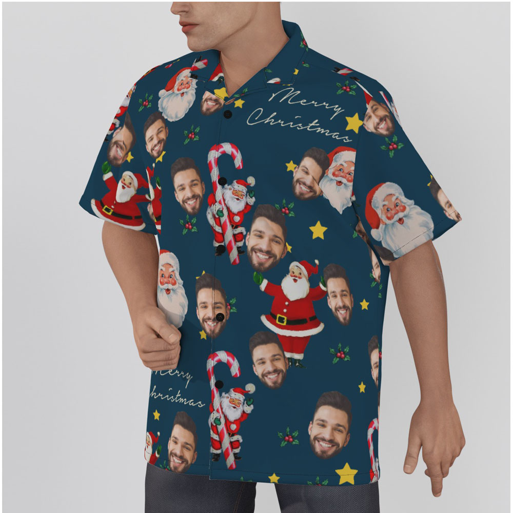 Custom Face Vintage Santa Claus With Candy Cane Christmas Navy Hawaiian Shirt