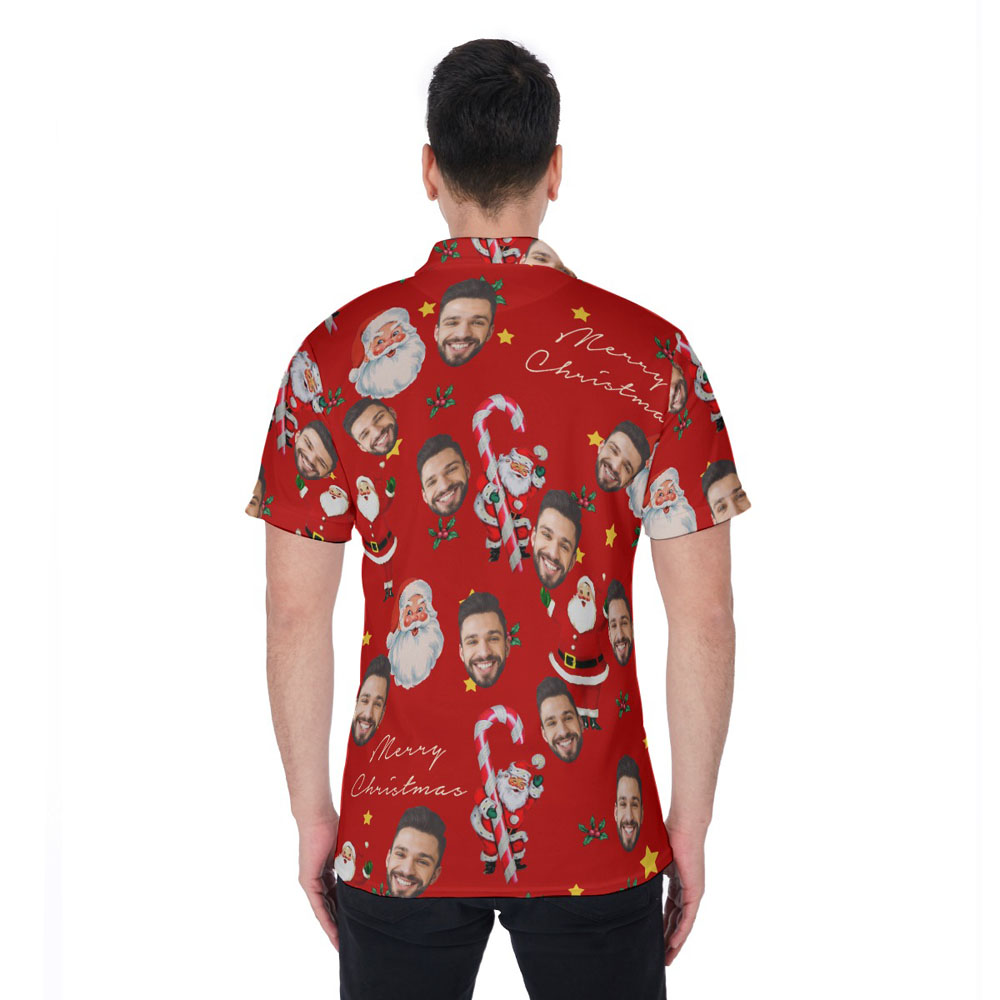 Vintage Santa Claus Candy Cane Christmas Hawaiian Polo Shirt With Custom Face