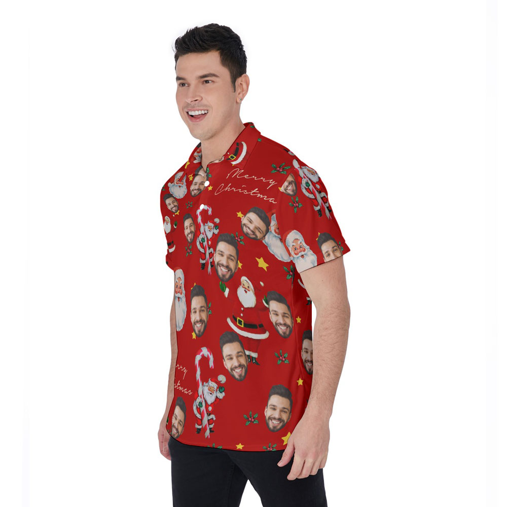 Vintage Santa Claus Candy Cane Christmas Hawaiian Polo Shirt With Custom Face