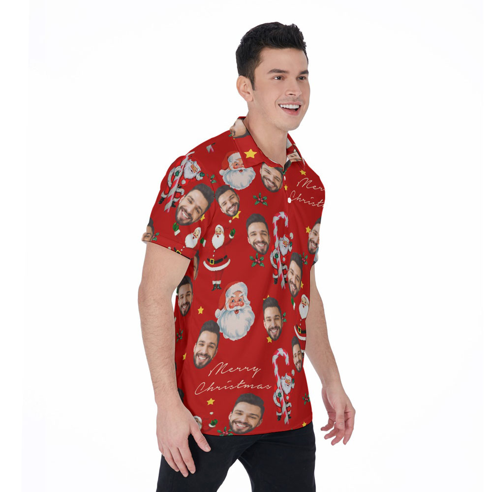 Vintage Santa Claus Candy Cane Christmas Hawaiian Polo Shirt With Custom Face