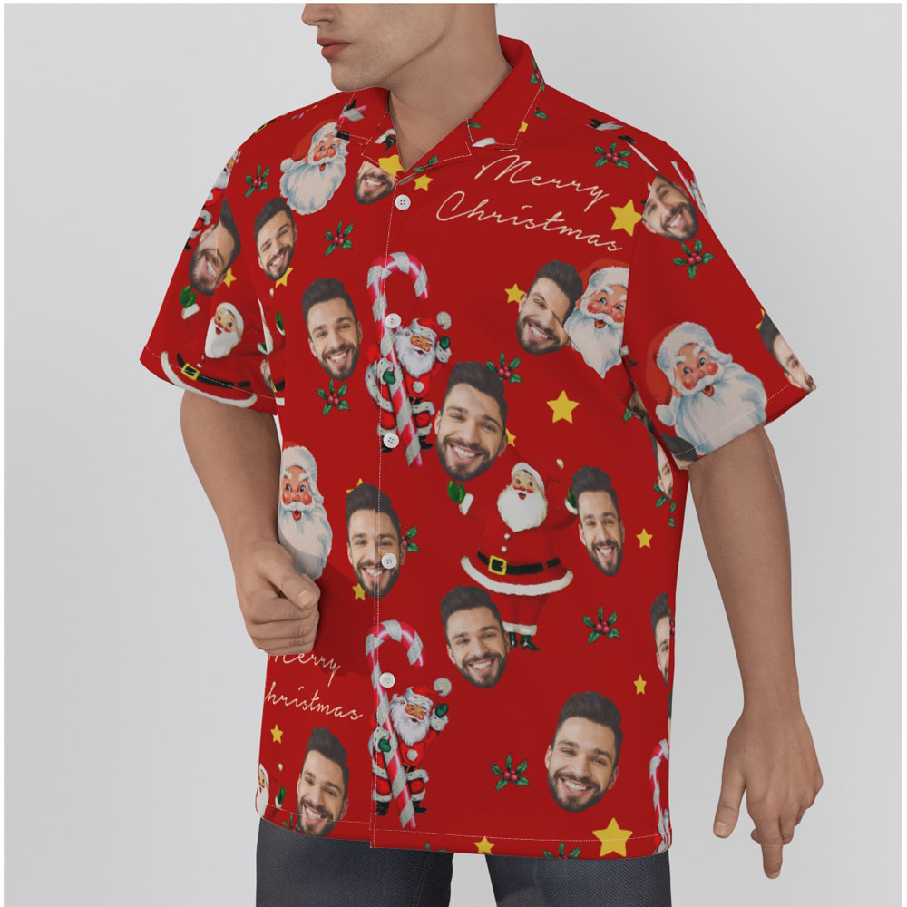 Christmas Santa Candy Cane Vintage Hawaiian Shirt With Custom Face