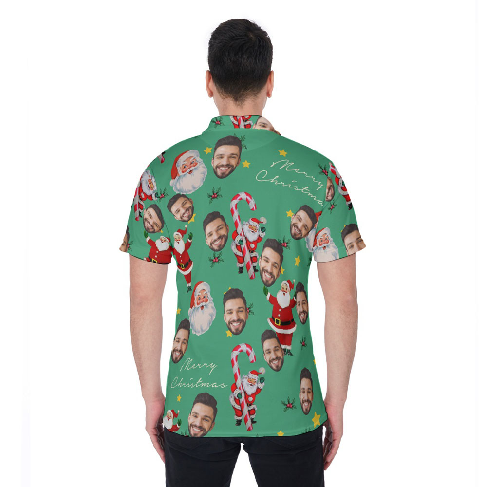 Funny Custom Face Christmas Santa Candy Cane Green Hawaiian Polo Shirt