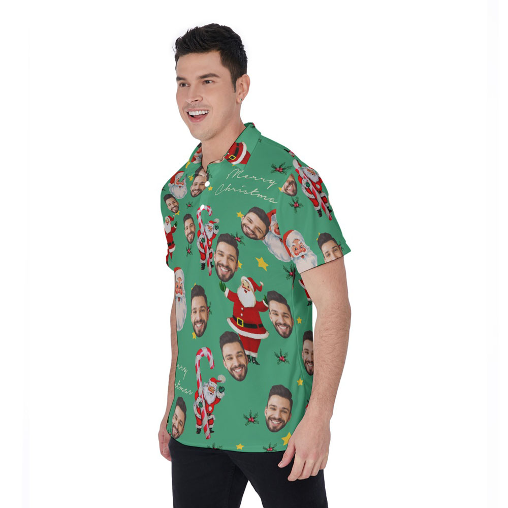 Funny Custom Face Christmas Santa Candy Cane Green Hawaiian Polo Shirt
