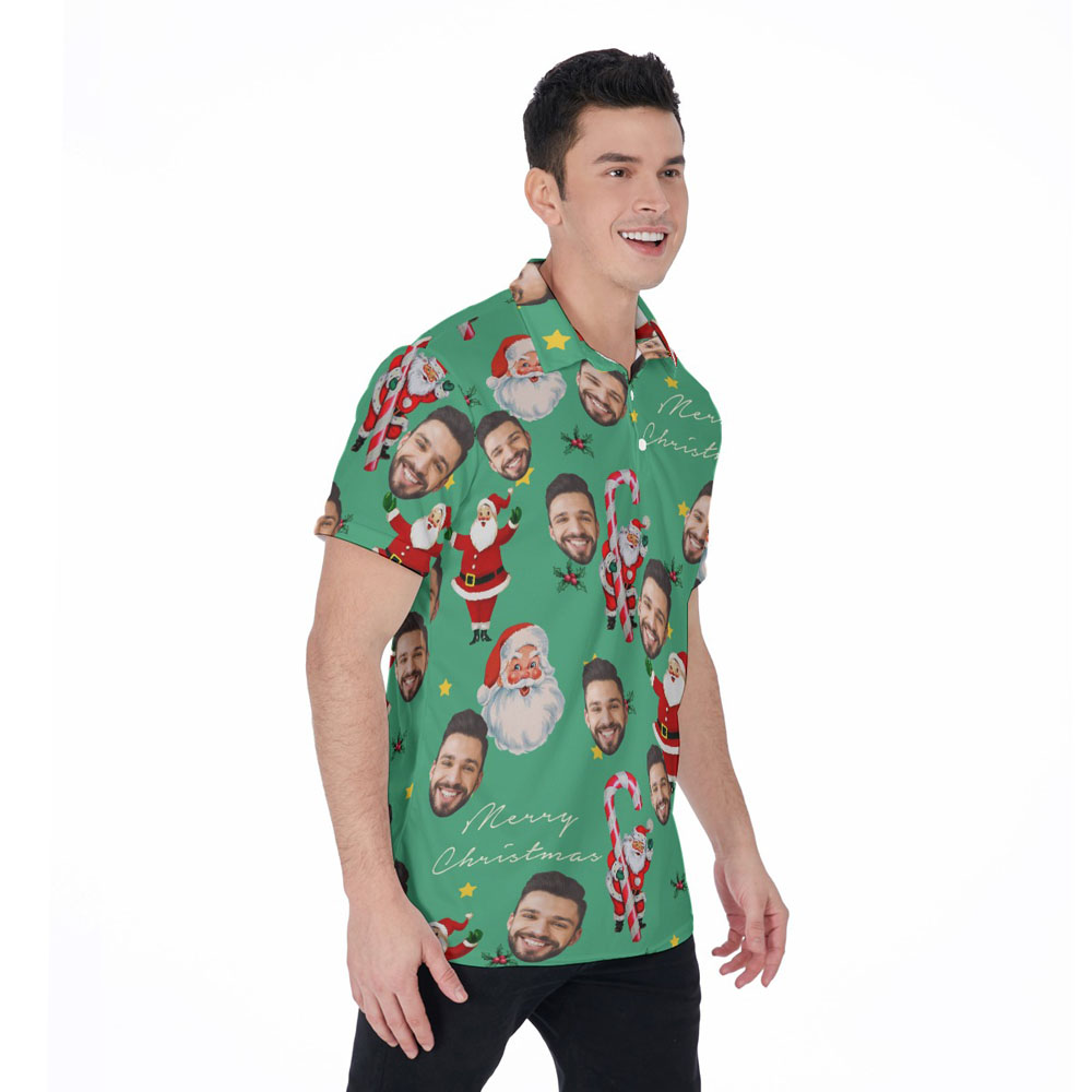 Funny Custom Face Christmas Santa Candy Cane Green Hawaiian Polo Shirt