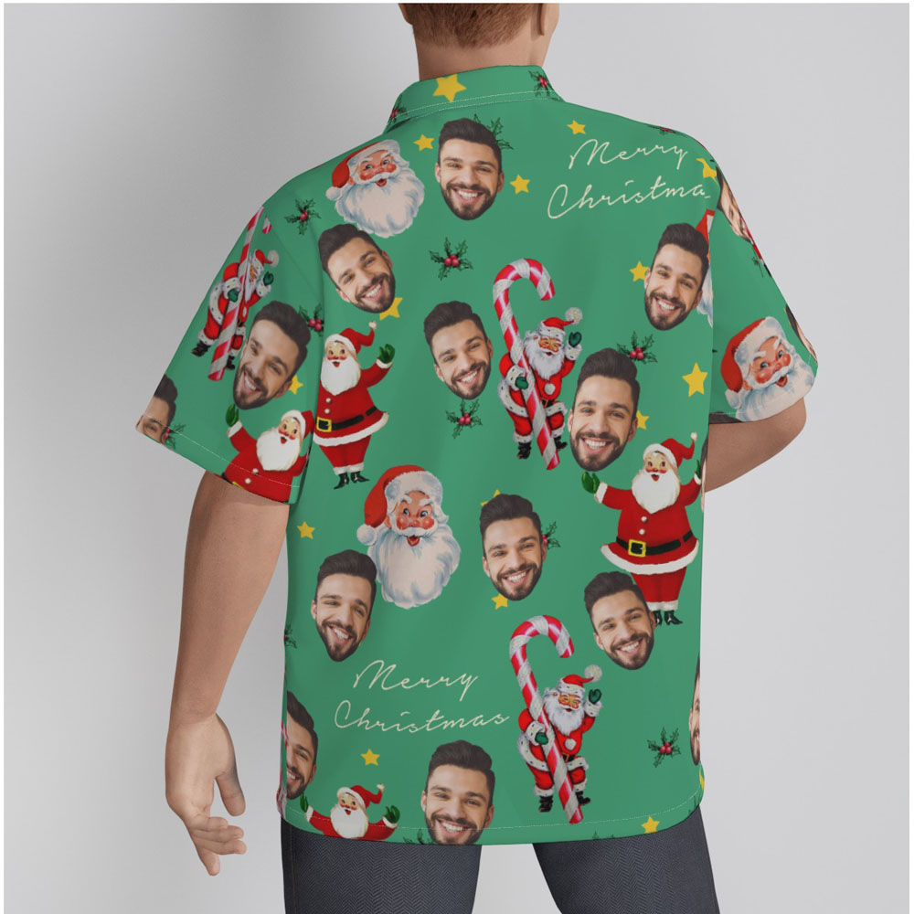 Vintage Santa Claus With Candy Cane Green Christmas Hawaiian Shirt With Custom Face