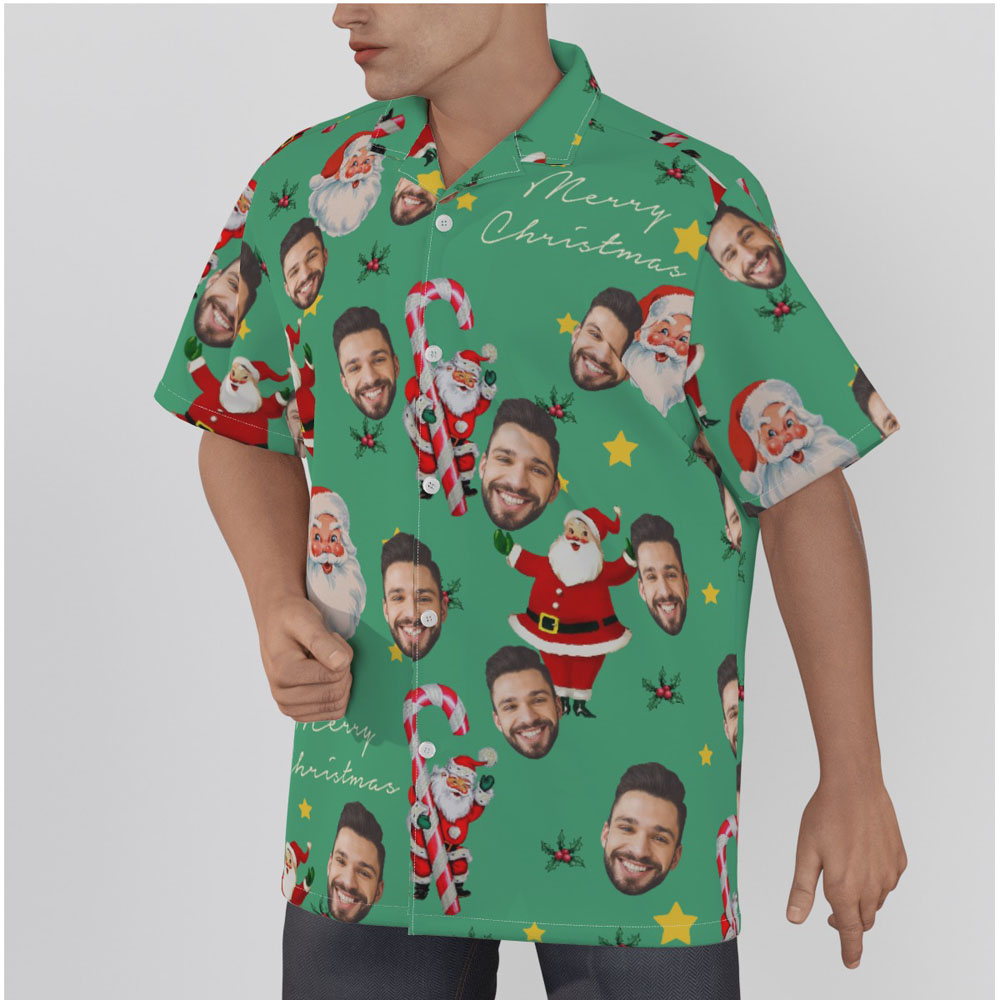 Vintage Santa Claus With Candy Cane Green Christmas Hawaiian Shirt With Custom Face