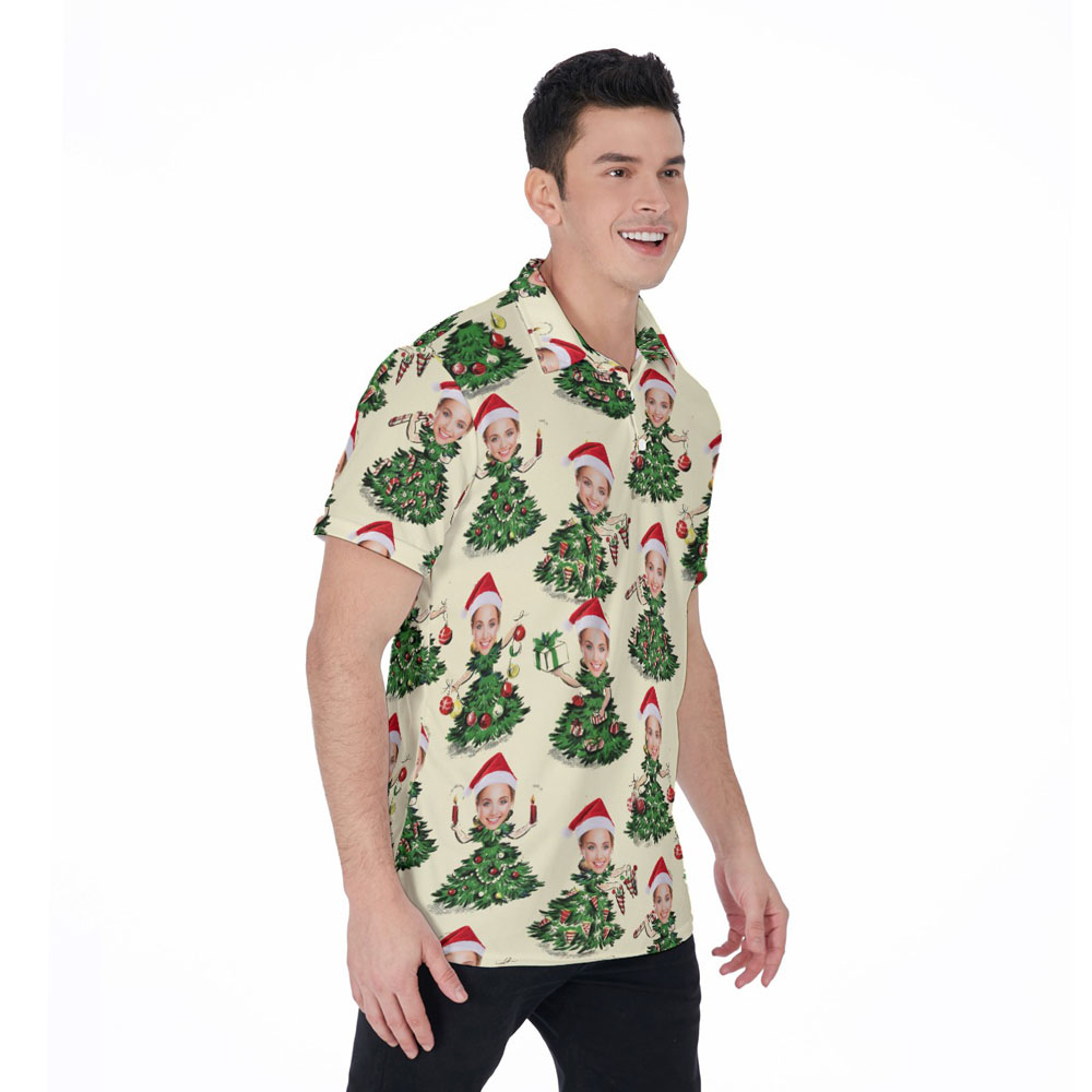 Custom Face Christmas Tree Girls Hawaiian Polo Golf Shirt