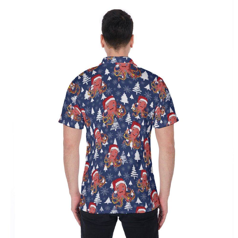 Funny Christmas Octopus Navy Hawaiian Polo Golf Shirt