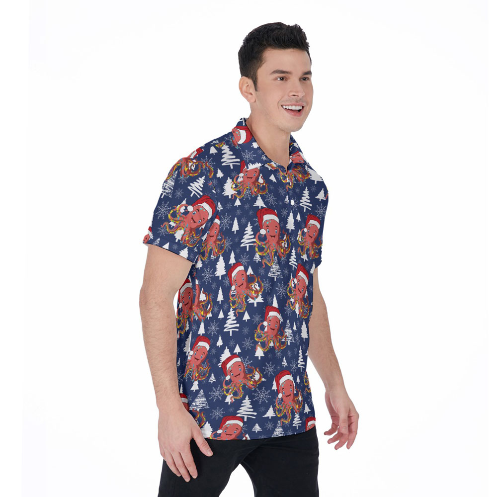 Funny Christmas Octopus Navy Hawaiian Polo Golf Shirt