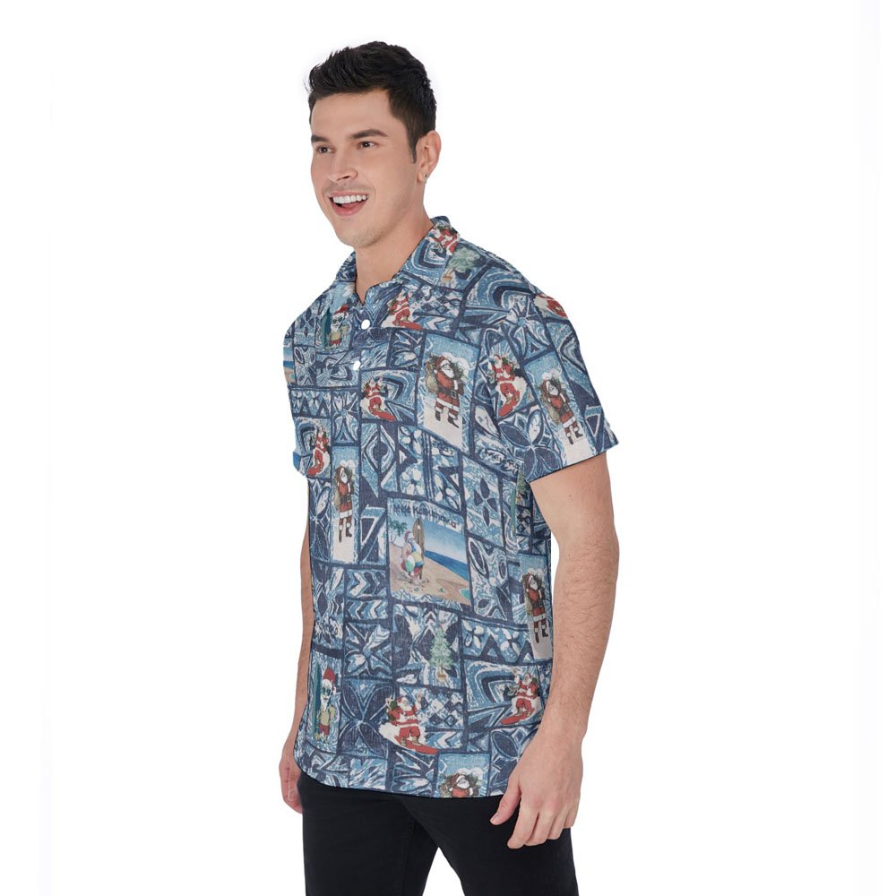 Classic Santa Claus Christmas Blue Hawaiian Polo Golf Shirt