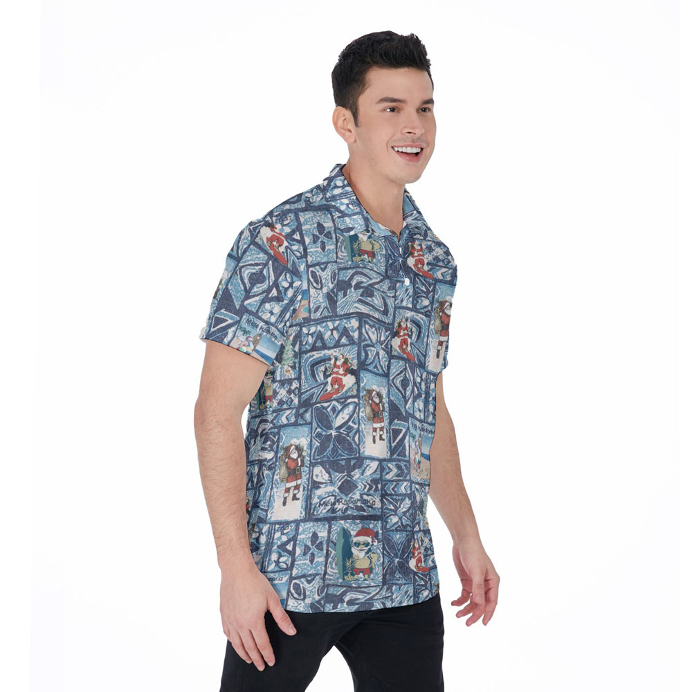 Classic Santa Claus Christmas Blue Hawaiian Polo Golf Shirt