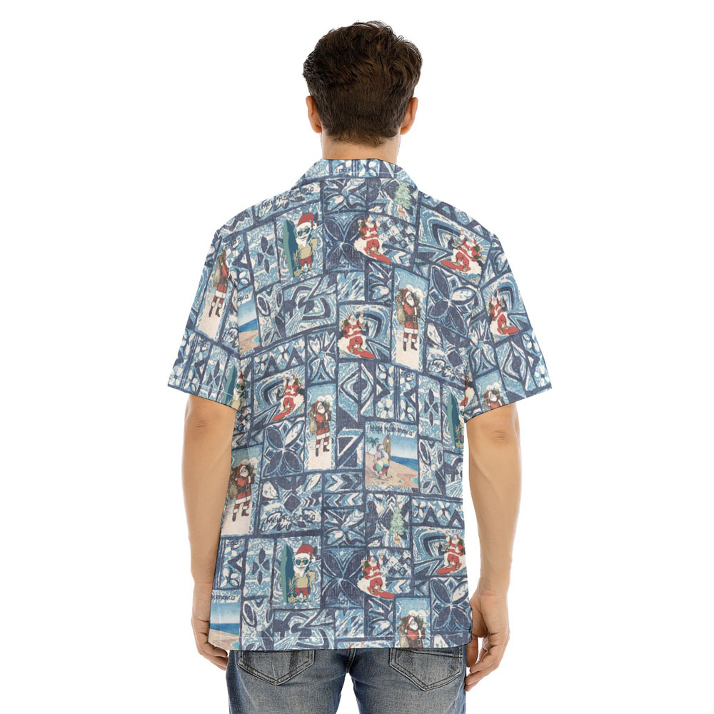 Mele Kalikimaka Vintage Santa Claus Blue Hawaiian Shirt