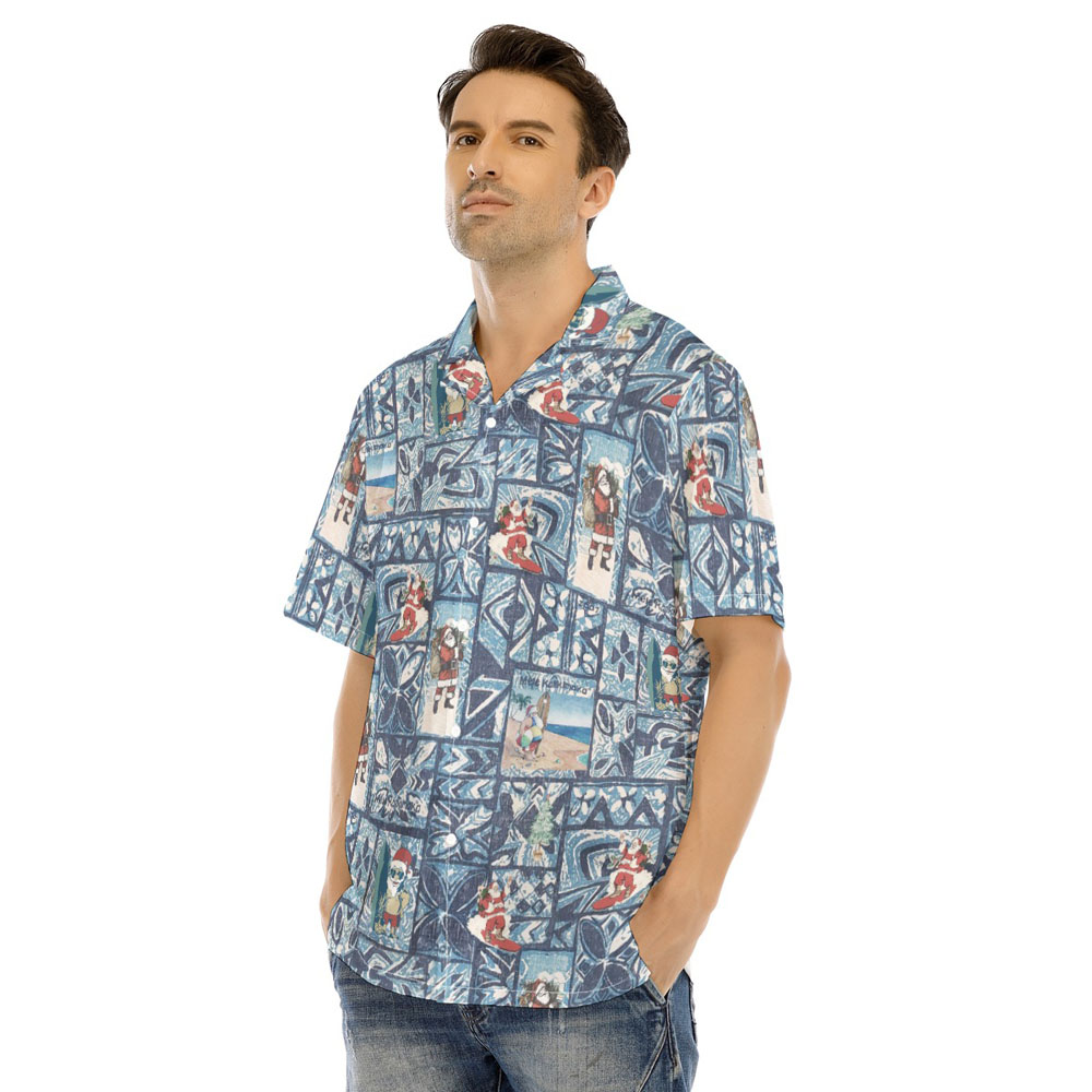 Mele Kalikimaka Vintage Santa Claus Blue Hawaiian Shirt