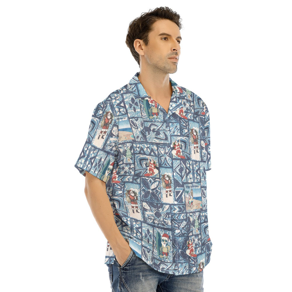 Mele Kalikimaka Vintage Santa Claus Blue Hawaiian Shirt