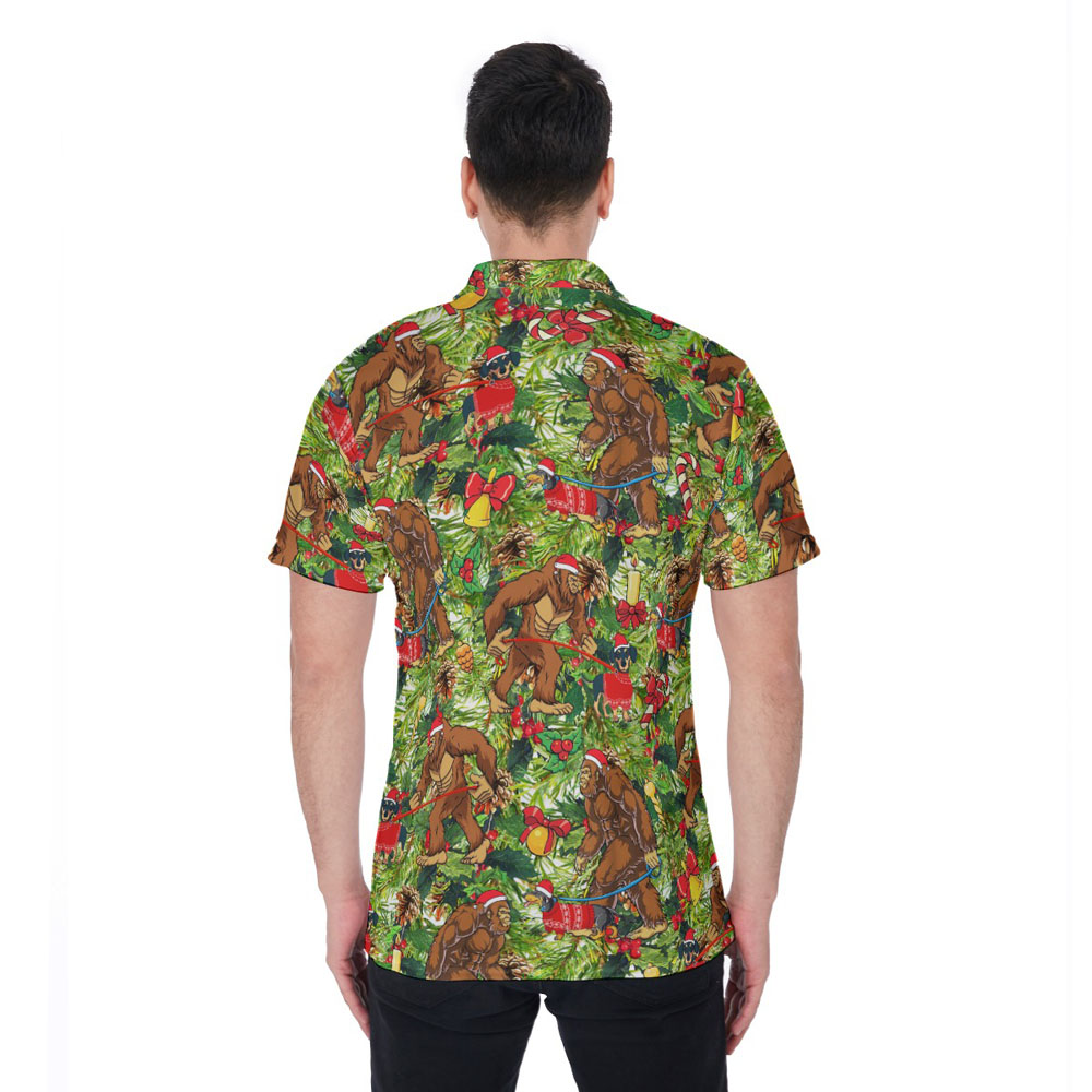 Tropical Christmas Bigfoot Walking Dachshund Hawaiian Polo Shirt