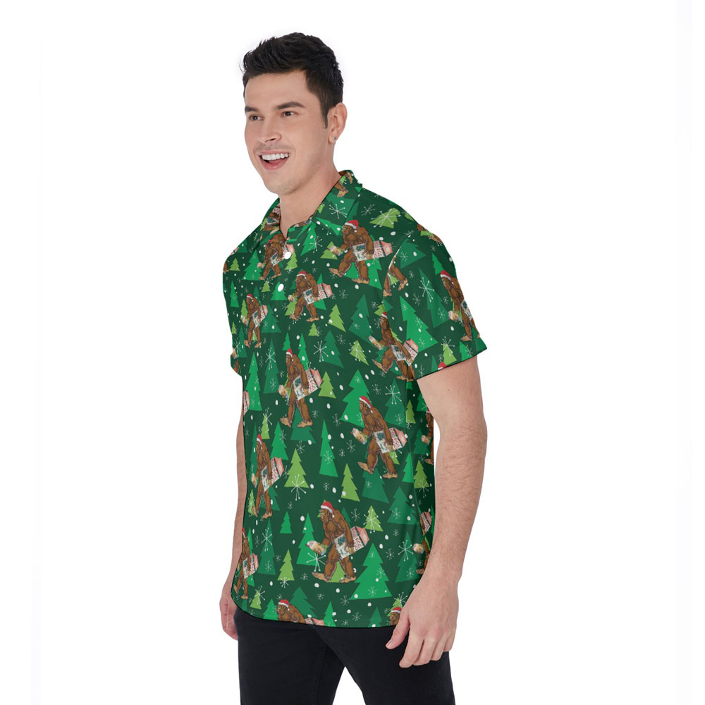 Funny Bigfoot Eggnog Christmas Tree Green Hawaiian Polo Golf Shirt