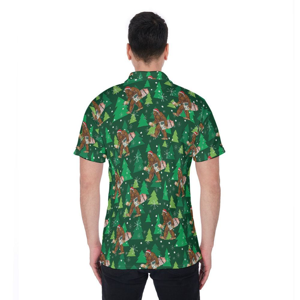 Funny Bigfoot Eggnog Christmas Tree Green Hawaiian Polo Golf Shirt