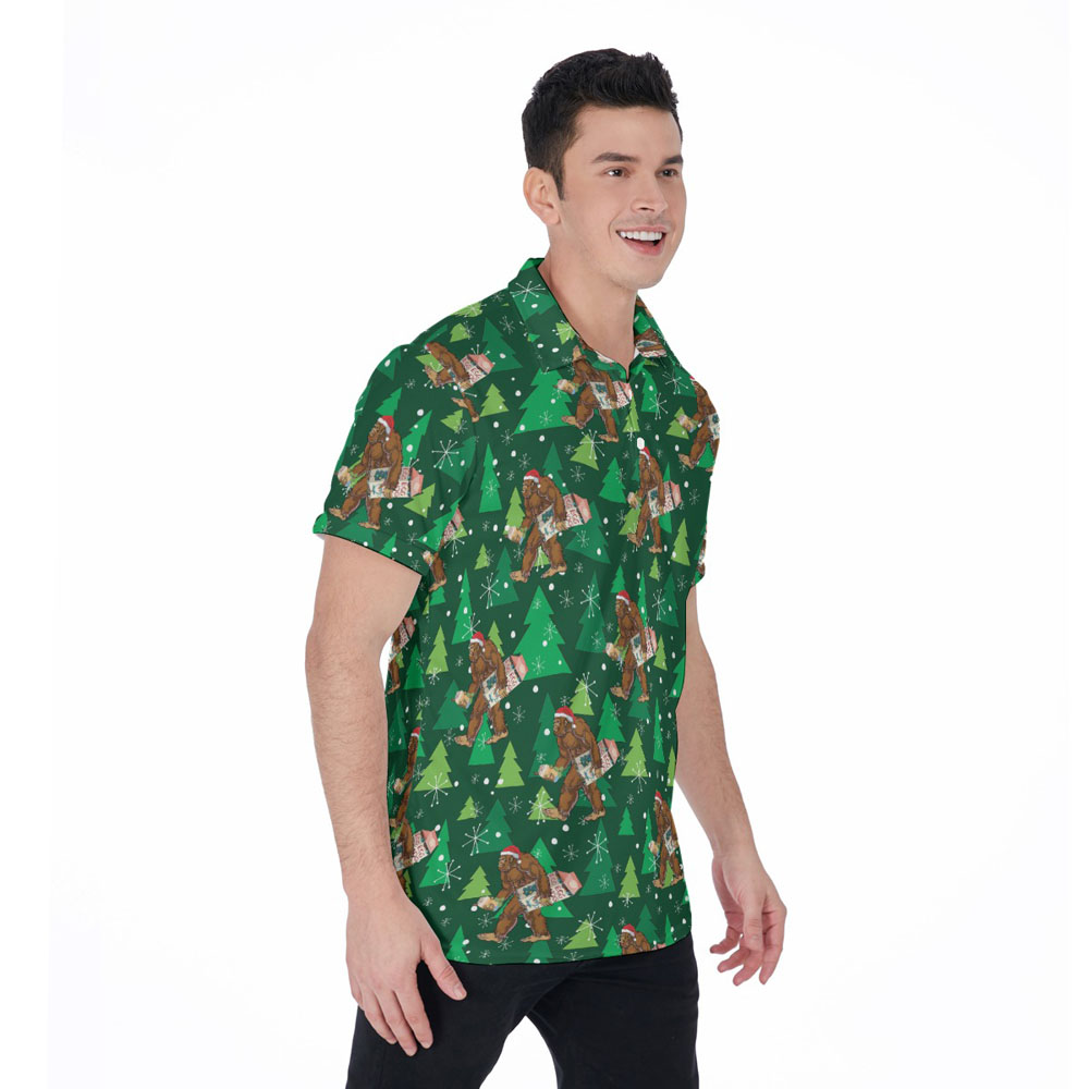 Funny Bigfoot Eggnog Christmas Tree Green Hawaiian Polo Golf Shirt