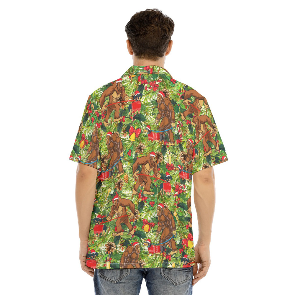 Funny Bigfoot Walking Dachshund Christmas Green Hawaiian Shirt