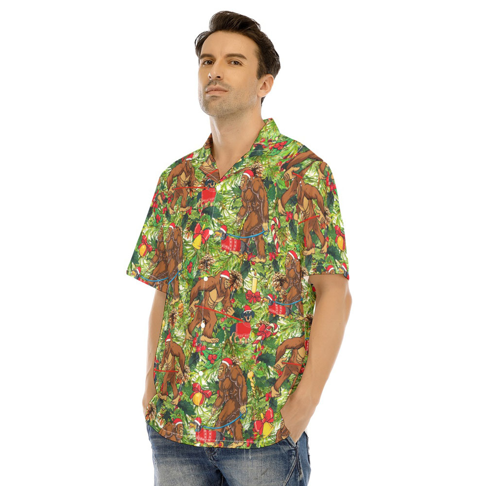 Funny Bigfoot Walking Dachshund Christmas Green Hawaiian Shirt