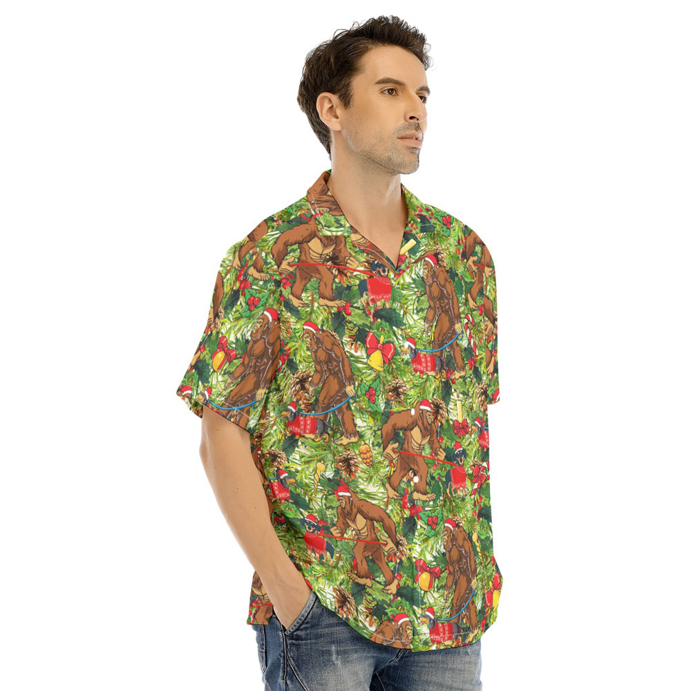 Funny Bigfoot Walking Dachshund Christmas Green Hawaiian Shirt