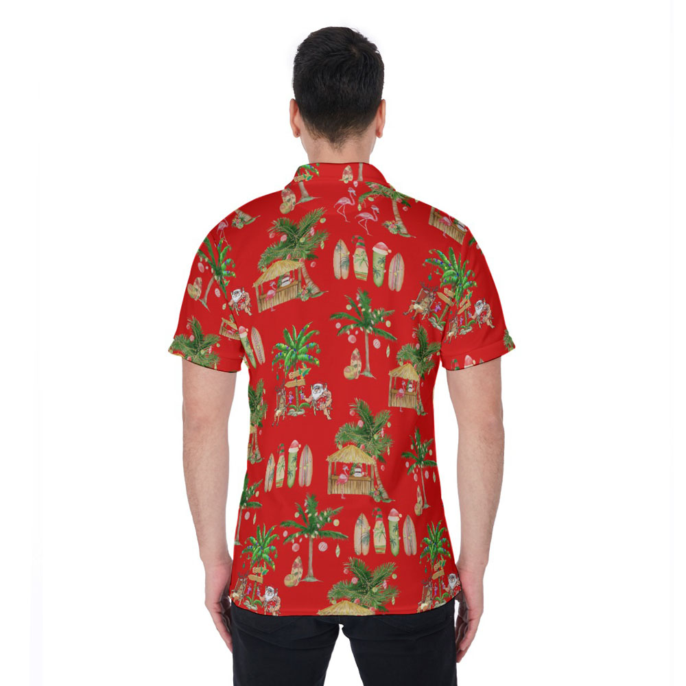 Mele Kalikimaka Santa Claus Tropical Red Hawaiian Polo Shirt