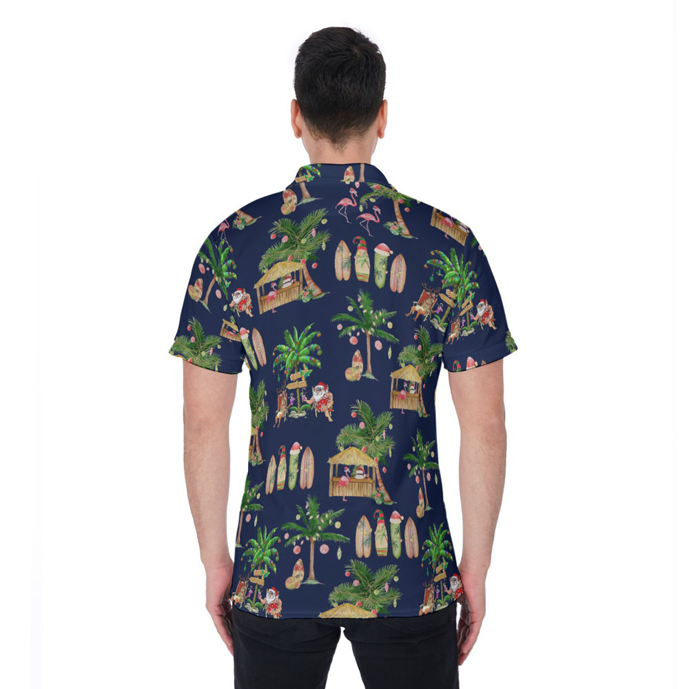 Mele Kalikimaka Santa Claus Tropical Christmas Navy Hawaiian Polo Shirt