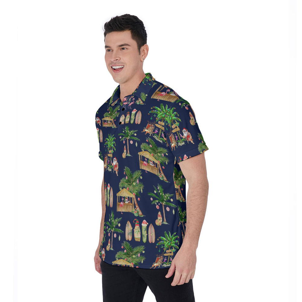 Mele Kalikimaka Santa Claus Tropical Christmas Navy Hawaiian Polo Shirt