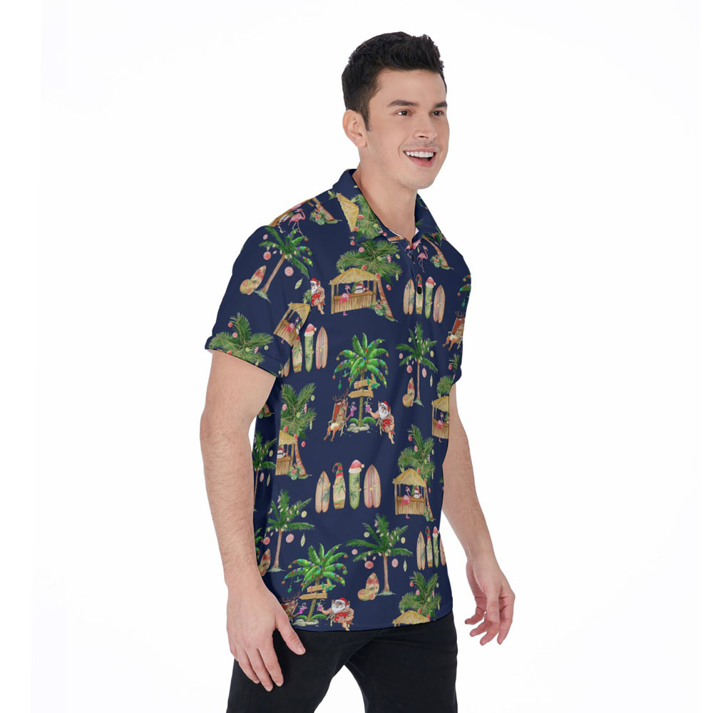 Mele Kalikimaka Santa Claus Tropical Christmas Navy Hawaiian Polo Shirt