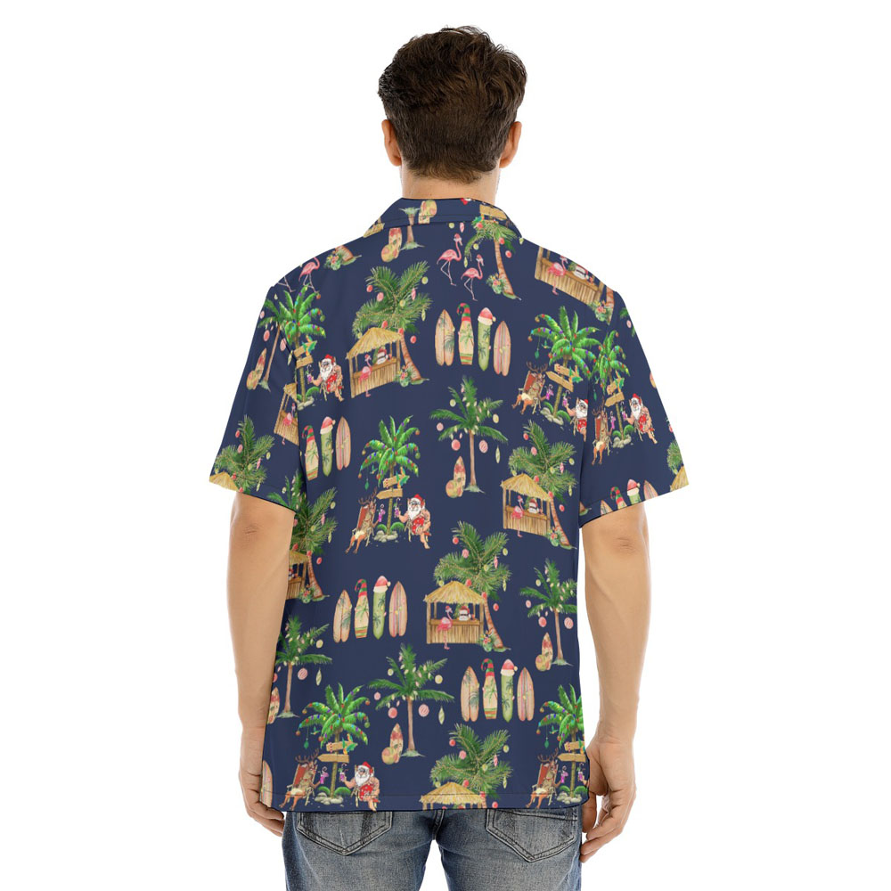 Navy Christmas Santa Claus Classic Palm Trees Hawaiian Shirt