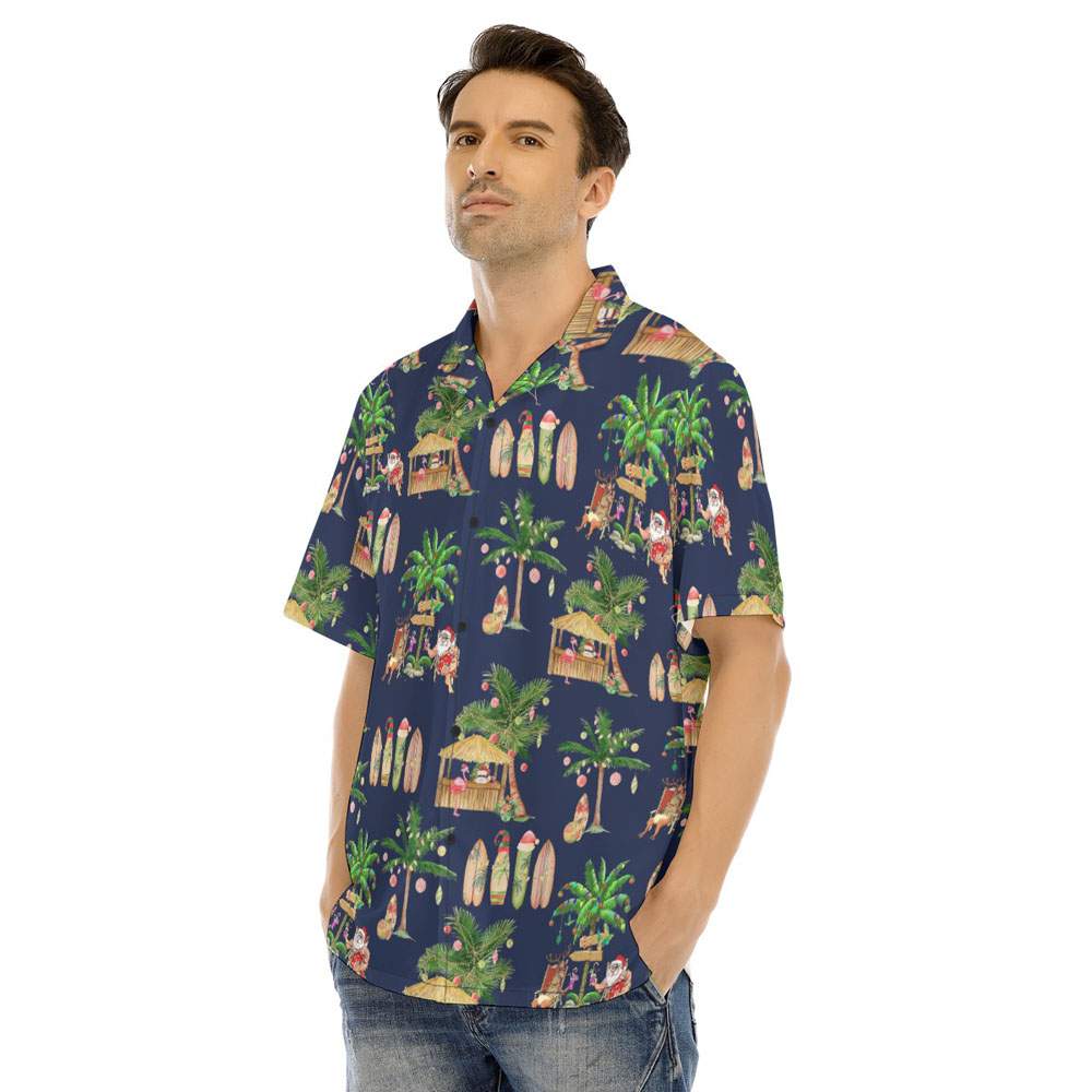 Navy Christmas Santa Claus Classic Palm Trees Hawaiian Shirt
