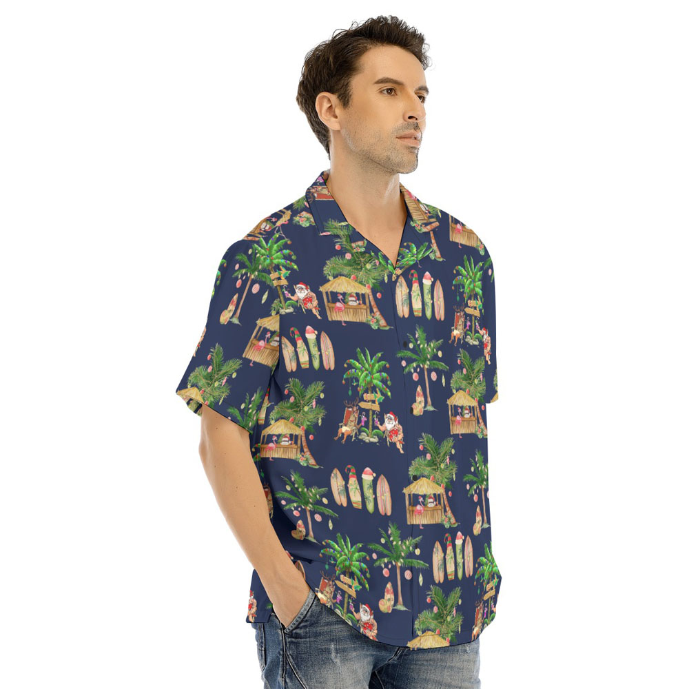 Navy Christmas Santa Claus Classic Palm Trees Hawaiian Shirt