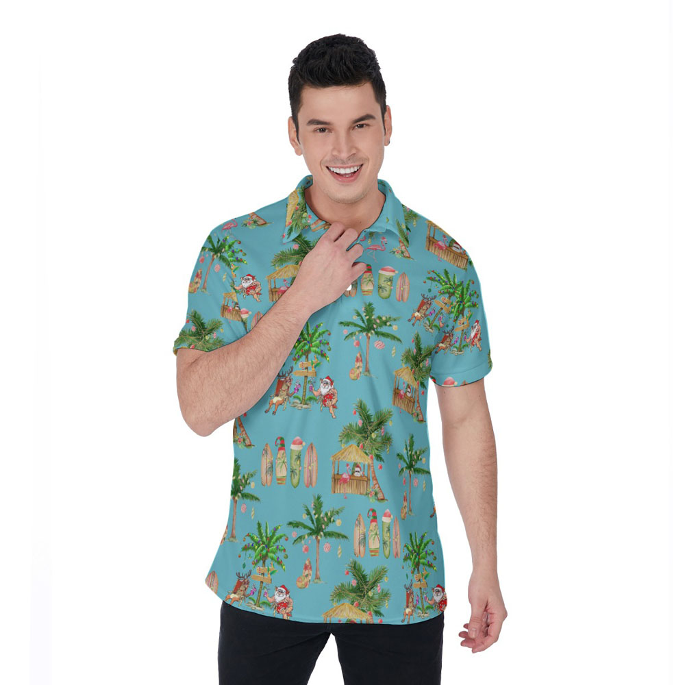 Blue Vintage Christmas Santa On Beach Hawaiian Polo Golf Shirt - variant image 1