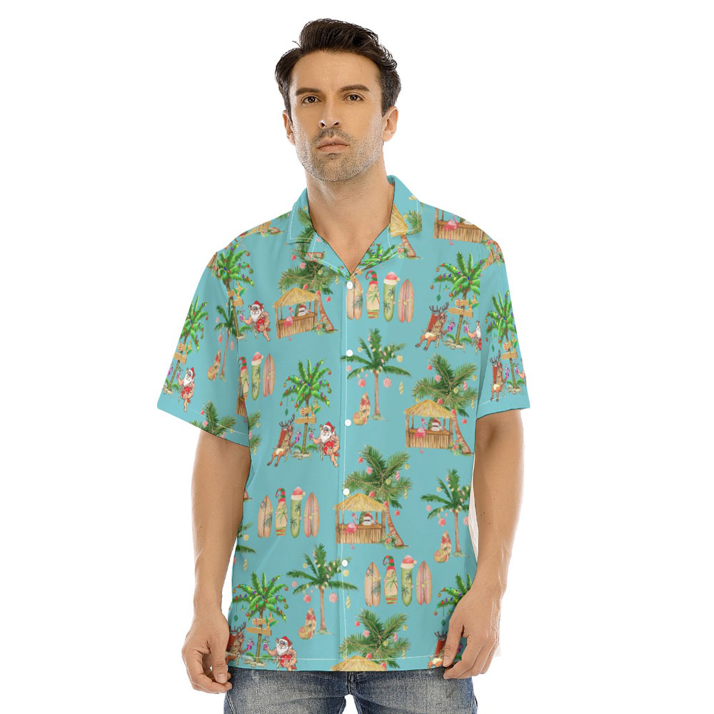 Mele Kalikimaka Santa Claus Christmas Palm Trees Blue Hawaiian Shirt - variant image 1