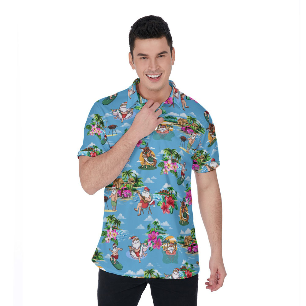Santa Claus On Beach Tropical Islands Blue Hawaiian Polo Shirt - variant image 1