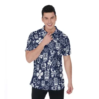 Christmas Tiki Classic Santa Claus Navy Hawaiian Polo Shirt
