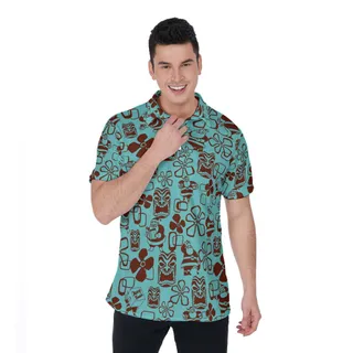 Vintage Santa Claus Christmas Tiki Blue Hawaiian Polo Golf Shirt
