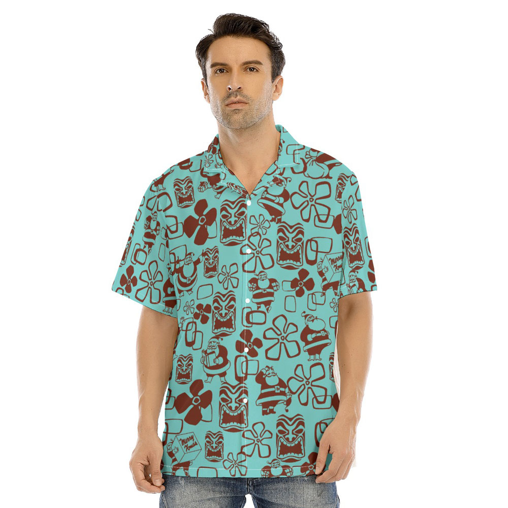 Classic Santa Claus Tiki Floral Christmas Blue Hawaiian Shirt - variant image 1