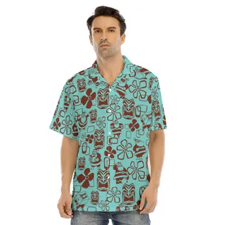 Classic Santa Claus Tiki Floral Christmas Blue Hawaiian Shirt