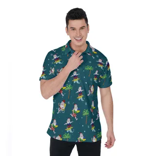 Summer Santa Claus Surfing Palm Tree Christmas Hawaiian Polo Shirt