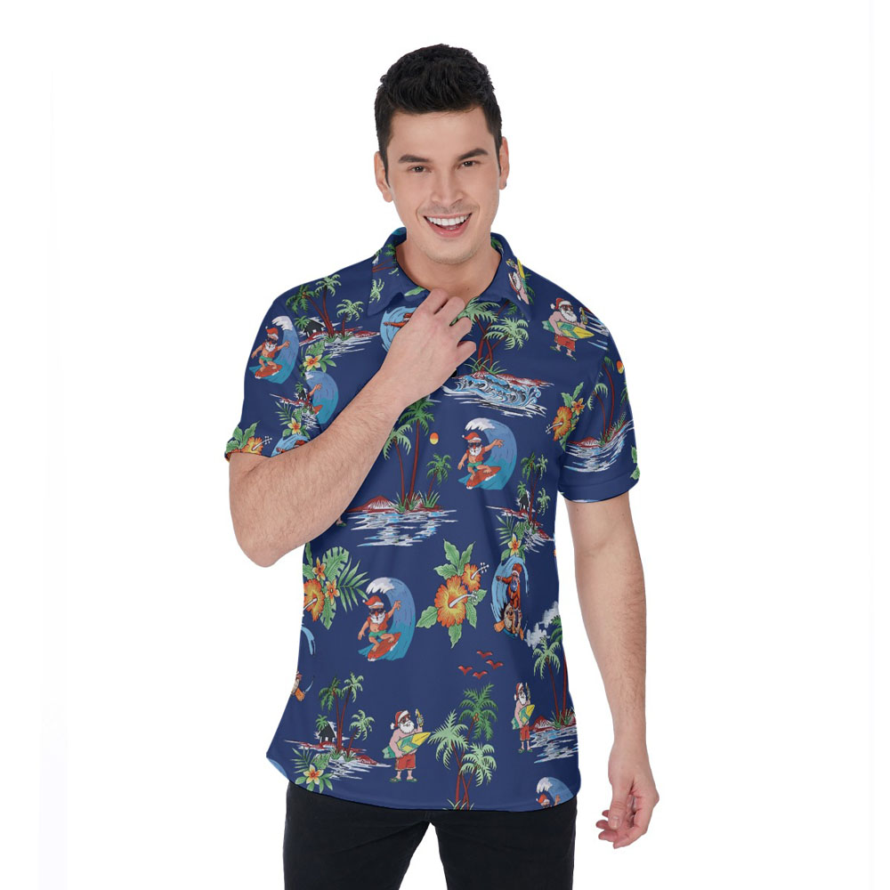 Vintage Santa Claus Surfing Tropical Navy Christmas Hawaiian Polo Shirt - variant image 1